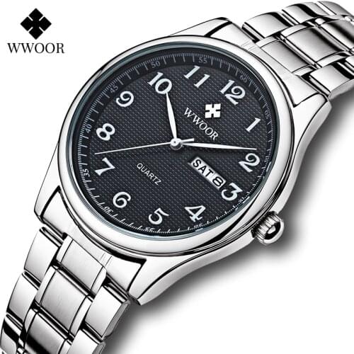WWOOR Original Design Arabic Mens Watches Top Brand Luxury Stainless Steel Waterproof Automatic Week and Date Quartz Wrist Watch