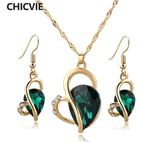 CHICVIE Green Love Heart Necklace Earrings Sets Wedding Crystal Jewelry Set For Women Necklace Earrings Jewelry Set SET190005