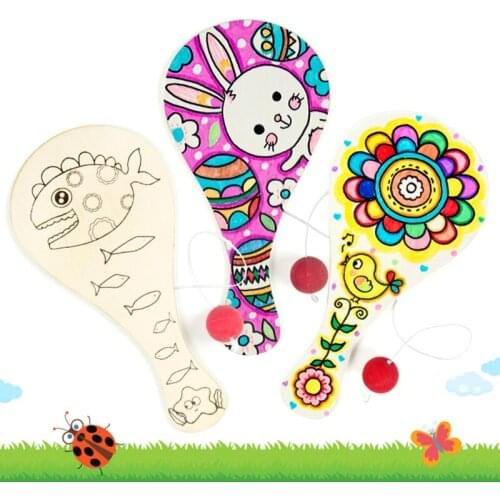 Hand-painted Wooden Racket with Ball DIY Craft Cartoon Painting Graffiti Toy Kindergarten Kids Handicrafts Parent-Child