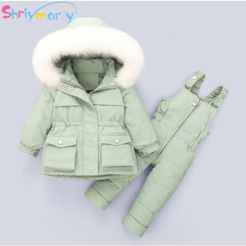 Children Parka Fur Hooded Boy Baby Overalls Suits Girl Winter Down Jacket Warm Coat Pants Kids Snowsuit Jumpsuit Girls Clothing