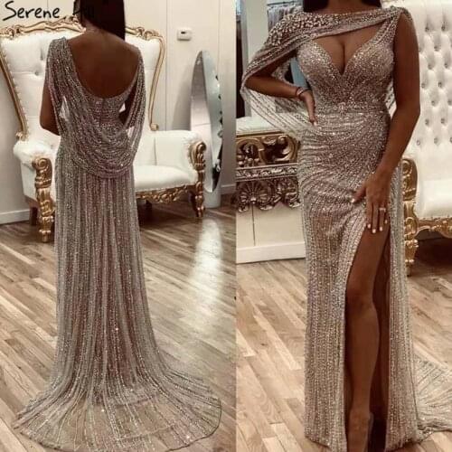 Dubai Champagne Luxury Sleeveless Evening Dresses 2020 Diamond Sparkle Backless Sexy Formal Dress Serene Hill LA70301