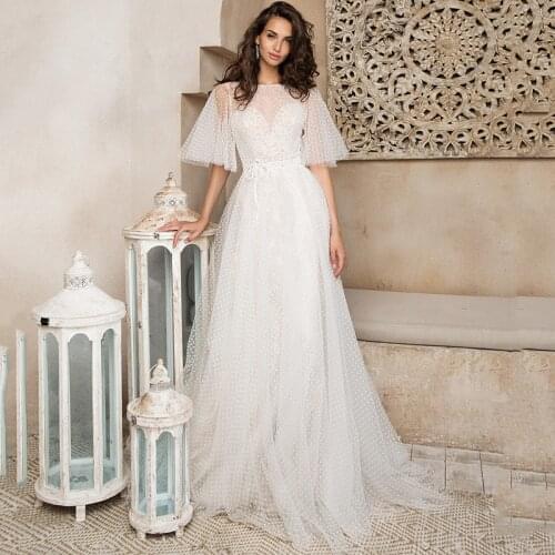 Eightree Elegant Dots Tulle Wedding Dress Lace Vintage Bridal Dresses 2021 Women Boho Wedding Gowns Short Sleeve