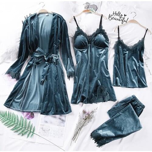 BZEL Sexy Womens Robe Pajamas Gown Sets Gold Velvet Bathrobe + Night Dress 4 PCS Mujer Sleepwear Autumn Winter Homewear Pijamas