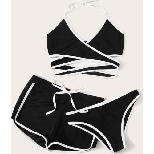 Three-piece Set Beach Swimming Summer Womens Fashion Swimwear With Short Pants Beachwear Cross Bandage Bathing Suit Bikini 2020