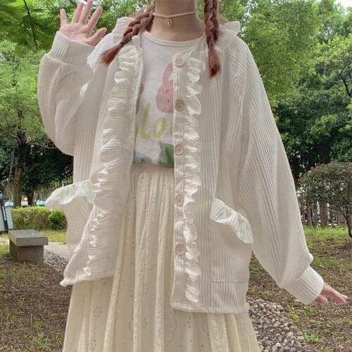 Herstory Japanese Fashion College Corduroy Blouse Soft Girl Vintage Ruffle Button Down Shirt Long Sleeve Kawaii Cardigan Top
