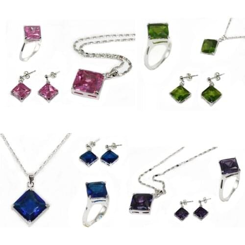 Fashion Women Square Zircon Crystal Pendant Necklace Earrings Ring Jewelry Set Wedding Party Gifts Costume Accessories 5 Color