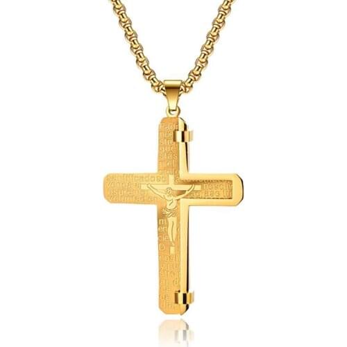 Stainless Steel Gold Cross Christ Jesus Pendant Necklace Bible Verse Cross Necklaces Gift For Him with Chain