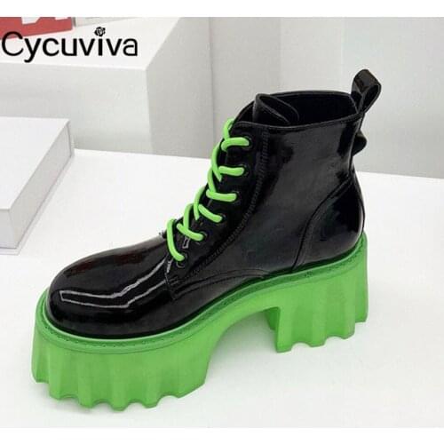 Autumn Green Platform Chelsea Ankle Boots For Women Chunky Heel Leather Mules Lace Up Motorcycle Boots Ladies Casual Shoes 2021