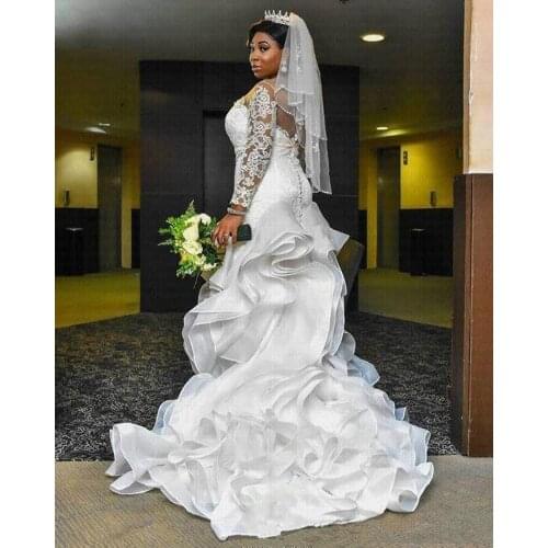 Stunning Ruffles African Mermaid Wedding Dress 2021 Arabic Bridal Gown Long Sleeve Bride Dress