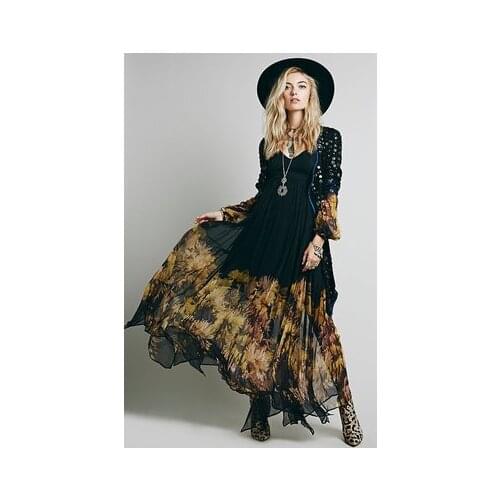 Chiffon Irregular Hem Large Floral Print Long Sleeve Dress