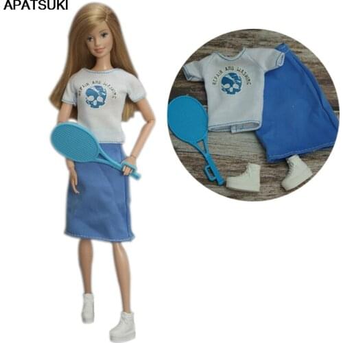 Blue Outfits For Barbie Doll Clothes Set For Barbie Tennis Player Cosplay Costume Shirt Skirt Shoes Racket Toys 1/6 Accessories