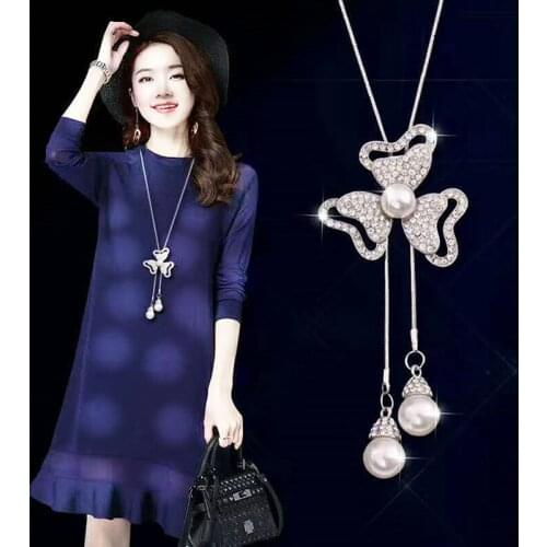 Vintage Geometrical Crystal Pendant Necklace Elegant Flower Tassel Sweater Chain OL Long Necklace Jewelry Female Accessories