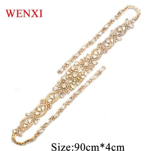 WENXI (5 pcs)Wholesale 90cm Length Bridal Hand Beaded Rhinestones Appliques Sewing On Wedding Dress Sash DIY Bridal Belt