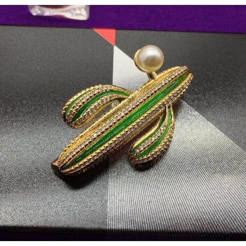 Cactus shape zircon brooch women golden zircon green cactus brooch and brooch pearl wedding bridal wedding decoration