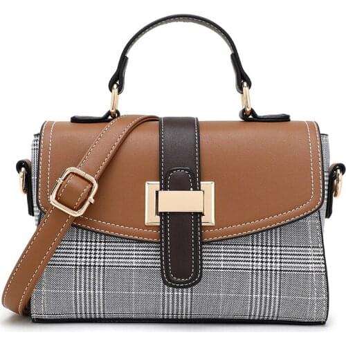 Women Vintage British Style Grid Handbag Patchwork PU Flap Shoulder Crossbody Bag Small Plaid Striped Daily Square Bag