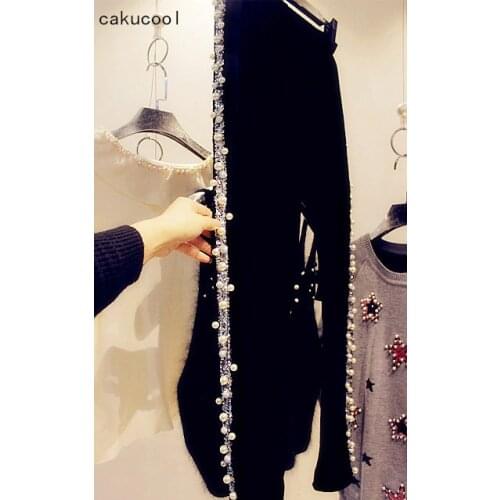 Cakucool Women Sequined Pearl Beading Fleece Pencil Pants Slim Luxury Bling Side Stripe Winter Thick Cute Capris Pant Femme Plus