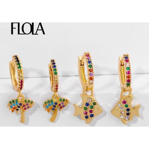 FLOLA Crystal Gold Coconut Tree Drop Earrings for Women Micro Pave Colorful Zircon Fish Dangle Earrings CZ Trendy Jewelry erss68