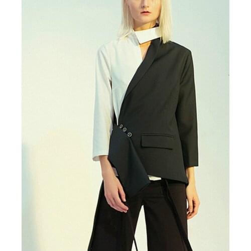Streetwear Coats For Women Notched Long Sleeve Patchwork Hit Color Asymmetrical Hem Blazers Female 2021 Autumn Clothing C438