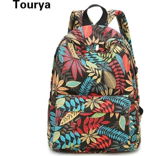 Tourya Canvas Leaves Printing Women Backpack School Bags Bookbag for Teenage Girls Daily Travel Knapsack Laptop Rucksack Mochila