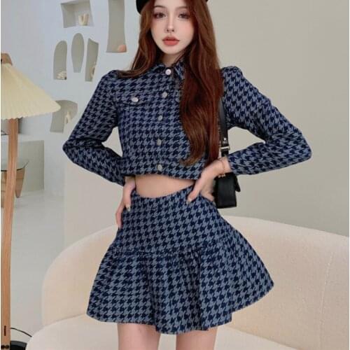 Autumn Houndstooth Vintage Two Piece Set Women Crop Top Short Jacket Coat + Mermaid Skirts Sets Korean Fashion 2 Piece Suits