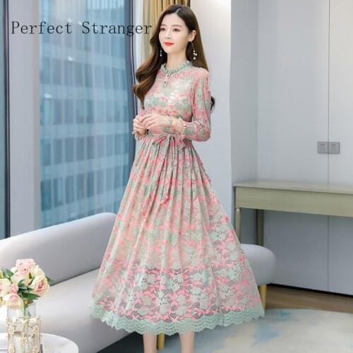 2021 Spring Autumn New Arrival Hot Sale Stand Collar Long Sleeve Lace Women Long Dress M-4XL