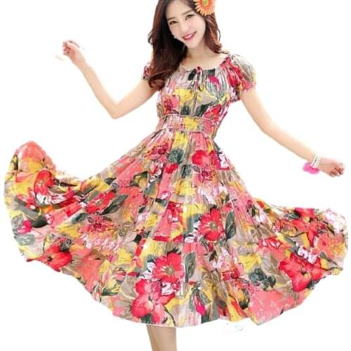 Summer Bohemia Holiday Floral cotton Dress Women Off Shoulder Slash Neck Short sleeve Print Ruffles Elastic Waist Beach Dress
