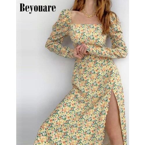 Beyouare Autumn Floral Dress Women Long Puff Sleeve Square Collar Shirring Party High Split Long Dresses Sexy Vestidos Sundress