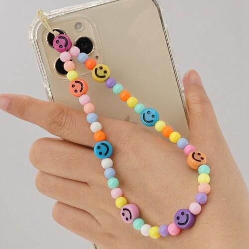 2021 Colorful Smiley Mobile Phone Chain For Women Cute Fashion Beaded Lanyard Girl Phone Case Hang Cord Anti-lost Charm Gift