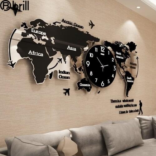 Large World Map Large Wall Clock Modern Acrylic Clocks Wall Home Decor Living Room Silent Home Decor 3d Reloj De Pared Clocks 55
