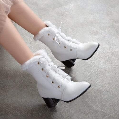 PXELENA 2019 Winter Warm Fur Snow Boots Women Shoes Lace Up Chunky Suqare High Heels Fashion Ankle Boots Black White Yellow 43