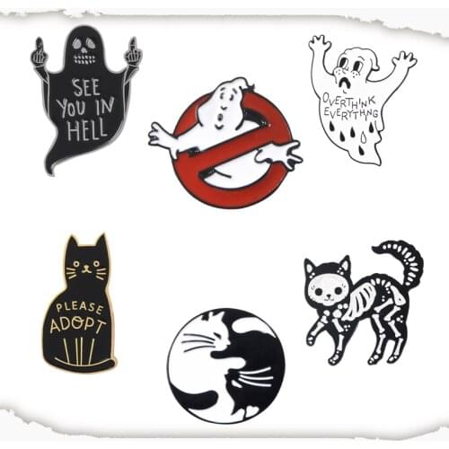 Enamel Pin Cat Skeleton Cat Overthink Ghost Ghostbusters Evil Ghost Pins Badges Animal Brooches for Women Men Unisex Whoelsale