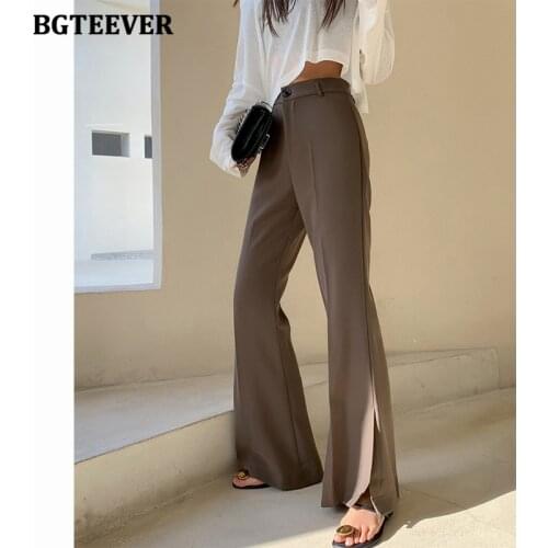 BGTEEVER Summer High Waist Floor-Length Trousers for Women 2021 Casual Loose Pockets Female Flare Suit Pants Ladies Pantalon
