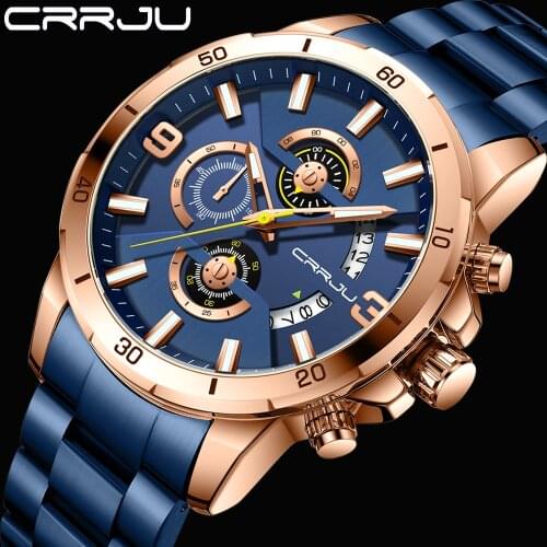 CRRJU Top Brand Sports Chronograph Quartz Wristwatch reloj hombre Luxury Men Automatic Wristwatch 316L Stainless Steel Watch