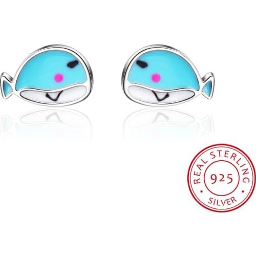 100% S925 Sterling Silver Blue Lovely Whale Stud Earrings for Girls Kids Children Creative Cute Marine Animal Jewelry