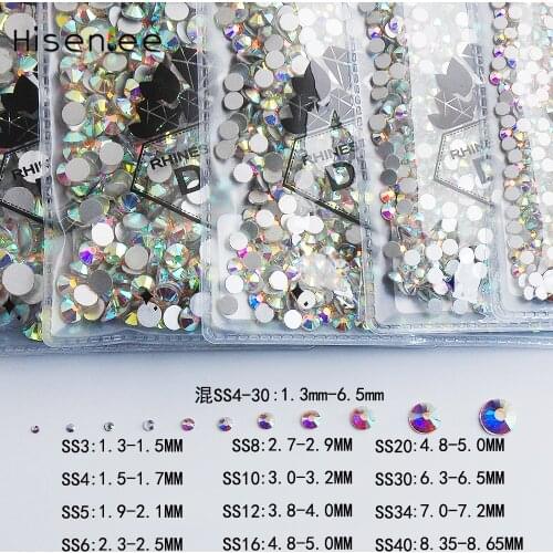 SS3-SS40 Mixed Sizes Flat Back Crystal Clear AB Glue On Rhinestone Nail Art Tips Sticker For Nails Diy Nail Glass Stone