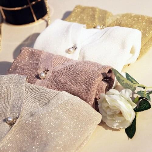 Shiny Vintage Chic Pearl Button Knitted Cardigans 2021 V-neck Hollow Out Sweater Women Spring New Solid Color Simple Jacket