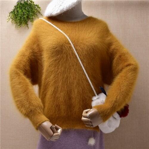 Lady women fashion hairy fuzzy angora rabbit fur knitted long sleeves round neck loose pullover Fall winter jumper sweater pull