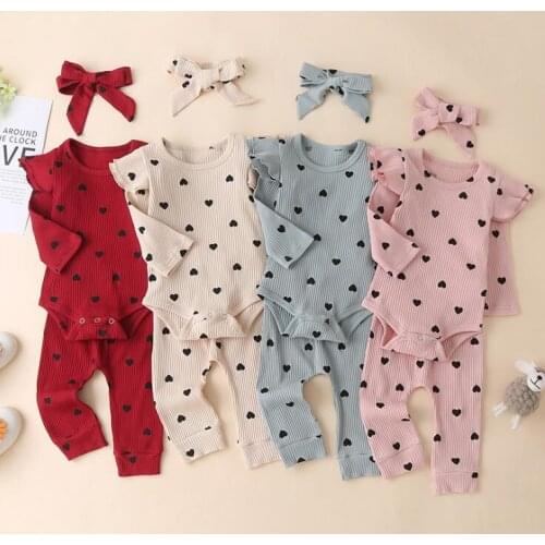 Summer Babys Ribbed Suit Boy Girl Heart Print Crew Neck Lace Long Sleeve Top Pants Hairband 3-piece Suits