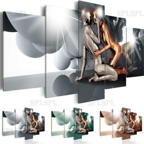 Modular Canvas Print Pictures Home Decor 5 Pieces Gold And Silver Men And Women Kissing Statue Painting Bedroom Wall Art Poster
