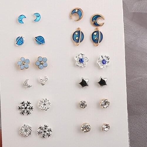 Glitter Zircon Moon Planets Stud Earrings Sets Fashion Dripping Oil Stud Earrings for Women Sweet Girl Gift 12 Pairs/set