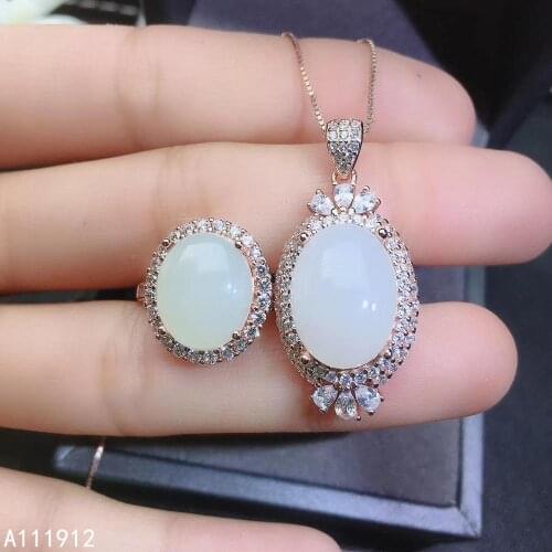 KJJEAXCMY fine jewelry natural White jade 925 sterling silver women pendant necklace chain ring set support test classic