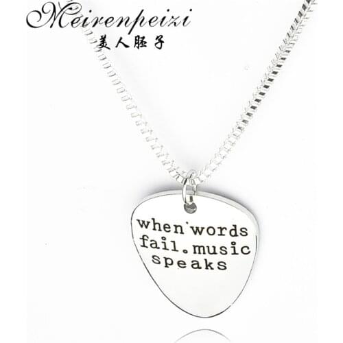 Letter Necklace Music Speaks hand stampe Guitar Pick Pendant Necklace Gift For Him Rock & Roll Loved One Family Free Shipping