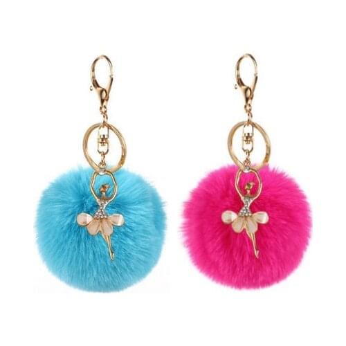 Jiangzimei 24pcs Lovely diamond ballet girl 8cm Faux Rex rabbit fur ball bag pendant Angel Car Key Chain Gift wholesale