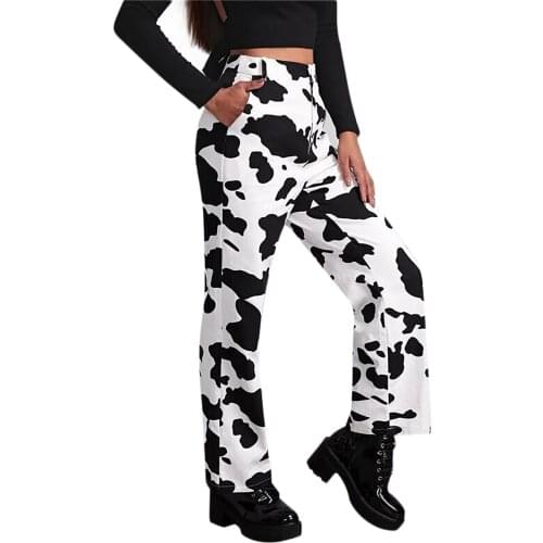 Cow Print Jeans Women Y2k Casual High Waisted Pants Capris Harajuku 90s Black Long Trousers Ladies Street Jeans Pants#g35