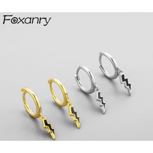 Foxanry Prevent Allergy 925 Sterling Silver Hoop Earrings INS Fashion Accessories Sweet Black Lightning Party Jewelry Wholesale