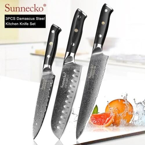 SUNNECKO 3PCS Kitchen Knives Set Santoku Utility Chef Knife Damascus Japanese VG10 Steel Blade G10 Handle Sharp Neat Cutter Tool