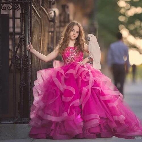 Gorgeous Flower Girl Dresses Fluffy Tulle Pageant Birthday Party Tulle Applique Princess Gown First Holy Communion Dresses