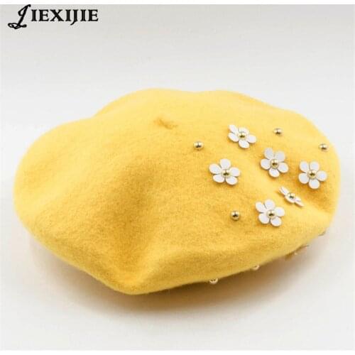 High quality Korean pearl flower 100% wool beret Ms. Wool painter hat Casual Solid Color Bonnet Caps For Girls Female Boina