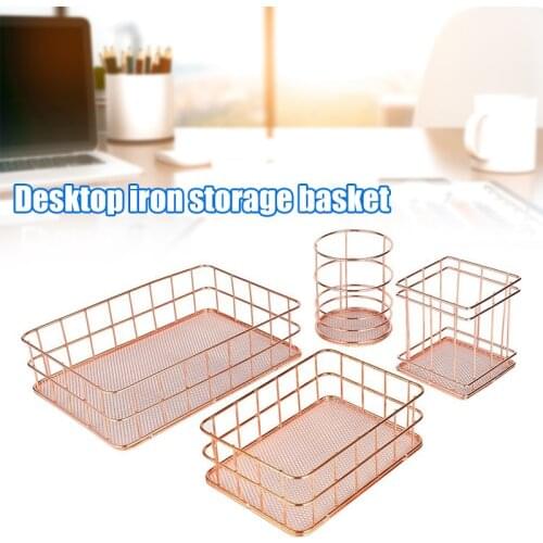 Wire Iron Storage Basket Rose Gold Durable Home Office Desk Shelf Desktop For Kichen Cabinets Bedroom Bathroom LB88