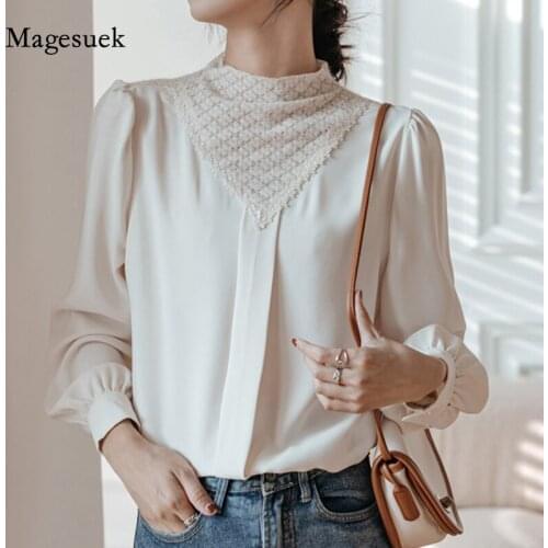 Autumn New Elegant Lace Women Tops New Fashion Solid Round Neck Womens Shirts Long Puff Sleeve Women Blouse Blusas Mujer 13217